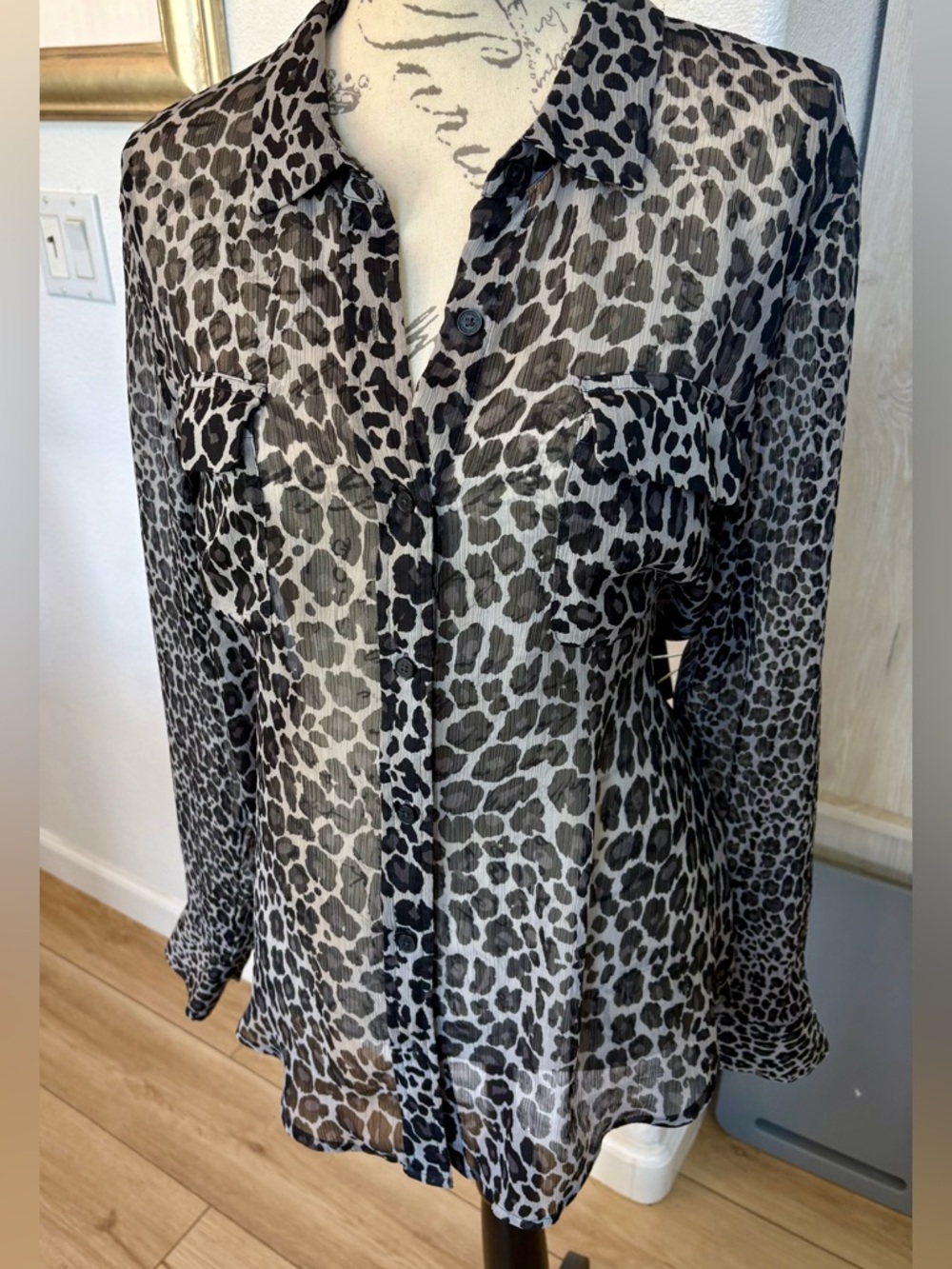 Sheer Leopard Print Button-Up Blouse by Jaclyn Smith - Black & Gray size XL